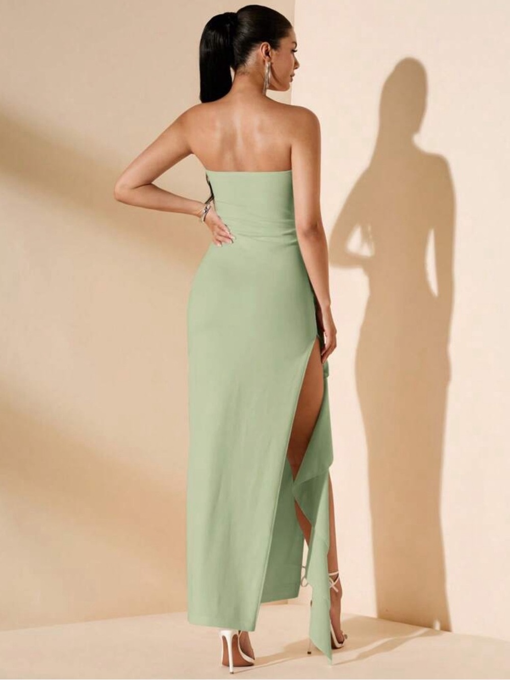 Strapless Sage Green Ruffle Column Dress - Picture 2 of 4